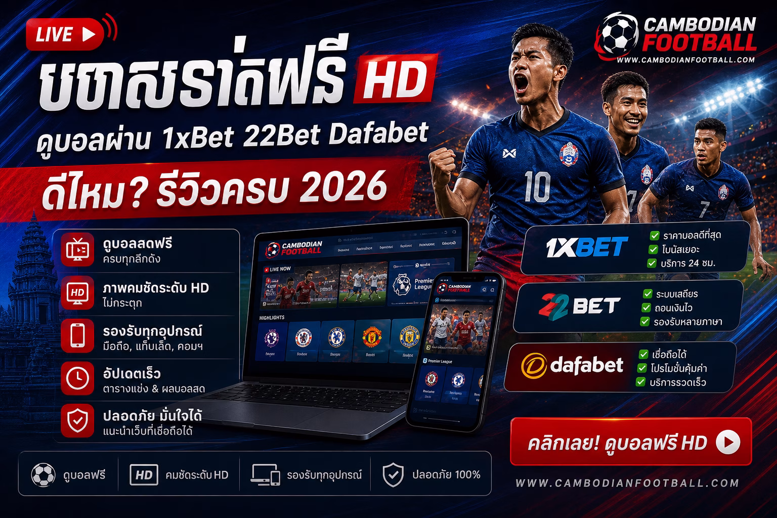 บอลสดฟรี HD ดูบอลผ่านเว็บ 1xBet, 22Bet, Dafabet ดีไหม?