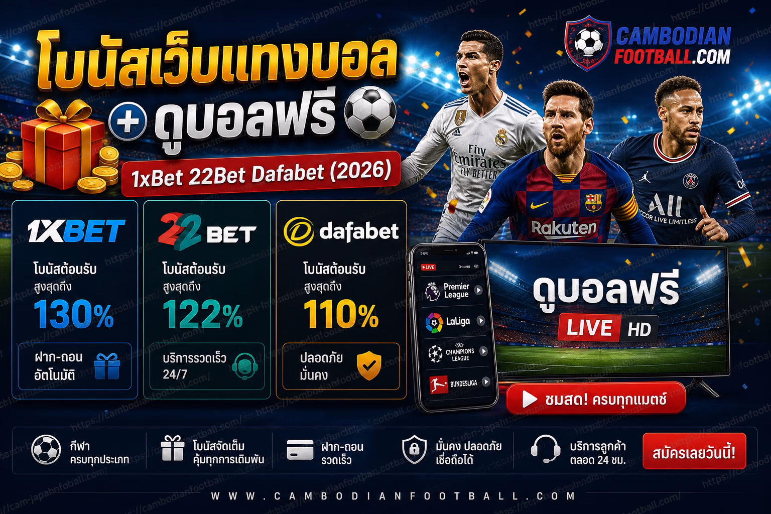 โบนัสเว็บแทงบอล + ดูบอลฟรี ถ่ายทอดสดฟุตบอลครบทุกลีก