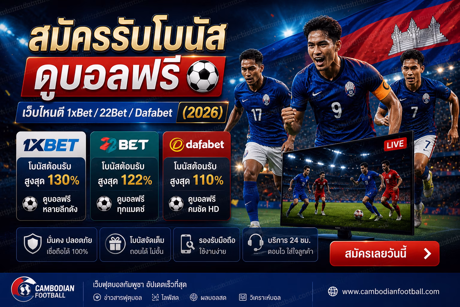 สมัครรับโบนัส + ดูบอลฟรี เว็บไหนดี 1xBet / 22Bet / Dafabet