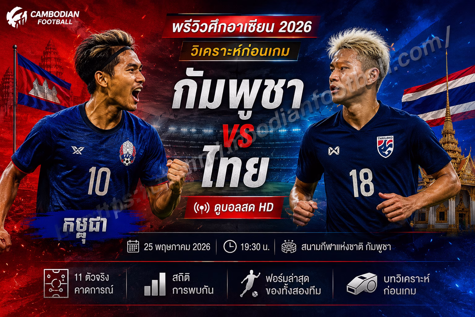 กัมพูชา vs ไทย 2026 พรีวิวศึกอาเซียน + ดูบอลสด HD และวิเคราะห์ก่อนเกม
