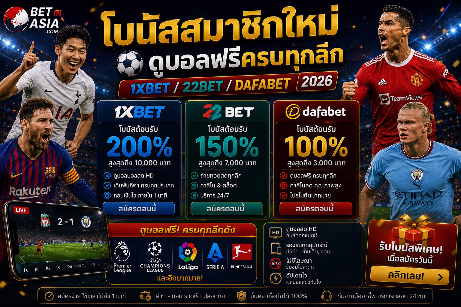 โบนัสสมาชิกใหม่ ดูบอลฟรีครบทุกลีก (1xBet / 22Bet / Dafabet)