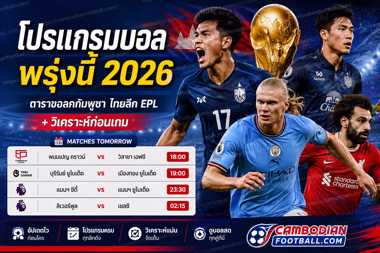 โปรแกรมบอลพรุ่งนี้ 2026 ตารางบอลกัมพูชา ไทยลีก EPL + วิเคราะห์ก่อนเกม