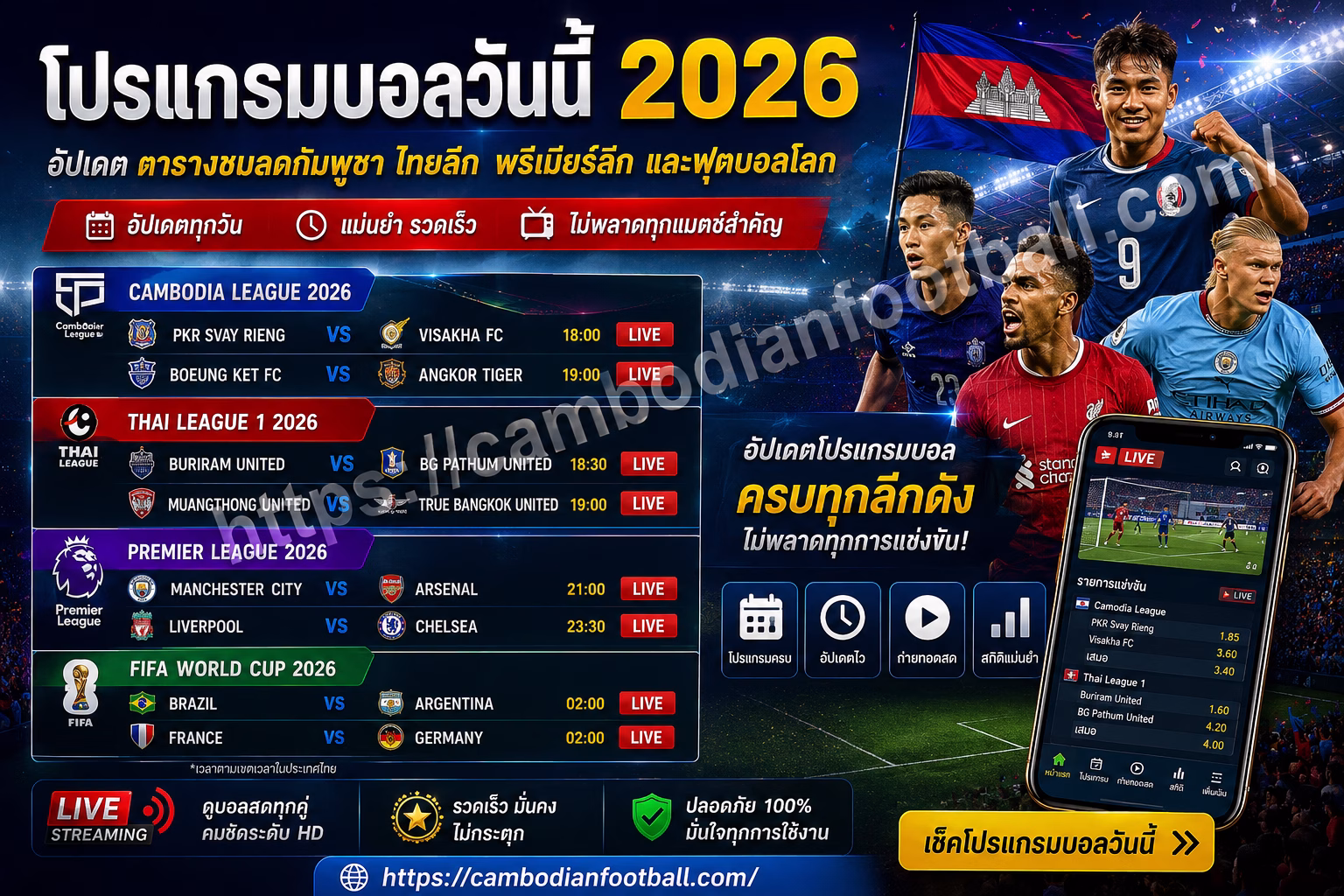 โปรแกรมบอลวันนี้ 2026 | ตารางบอลกัมพูชา ไทยลีก พรีเมียร์ลีก และฟุตบอลโลก