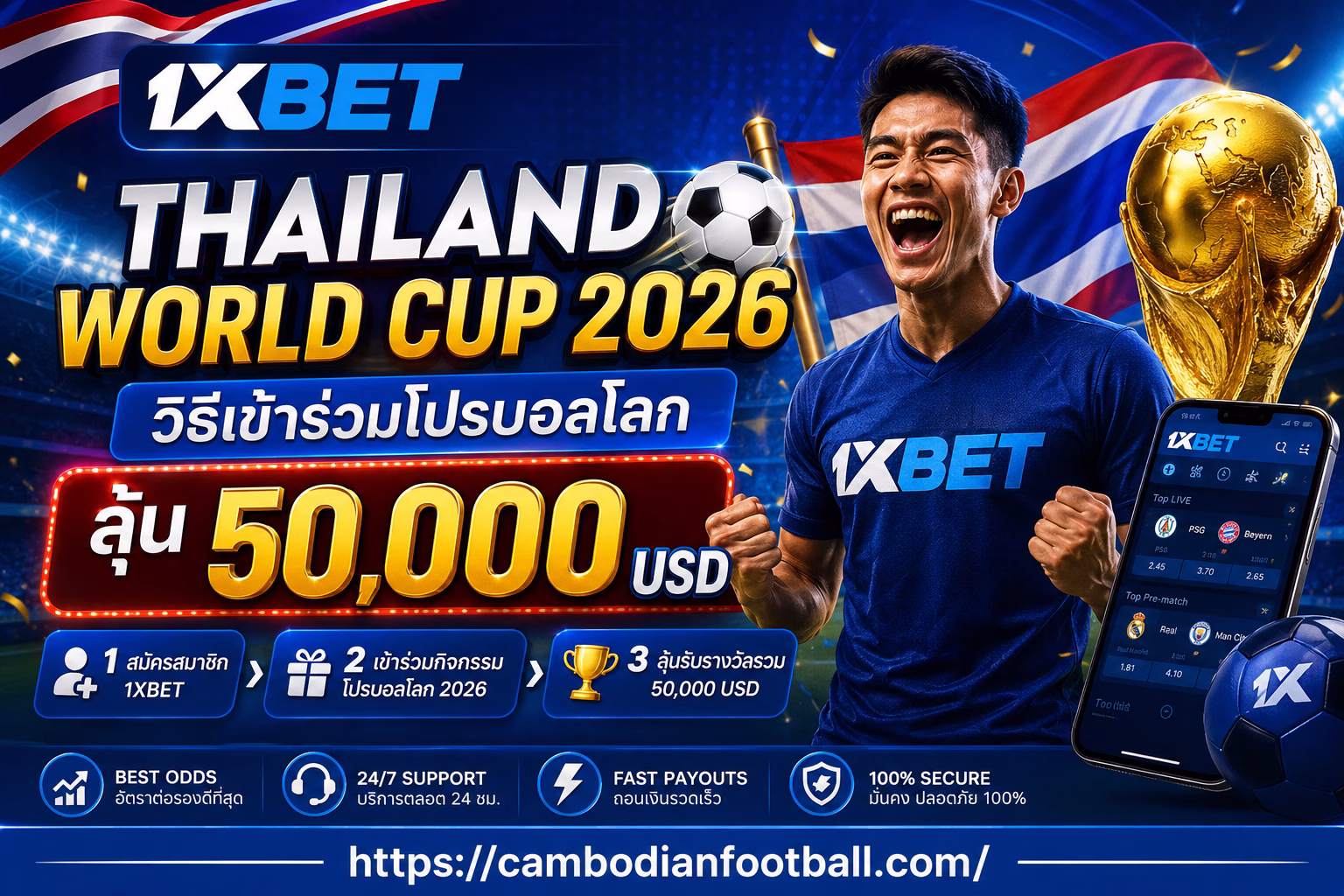 1xBet Thailand World Cup 2026 วิธีเข้าร่วมโปรโมชันบอลโลก ลุ้น 50,000 USD